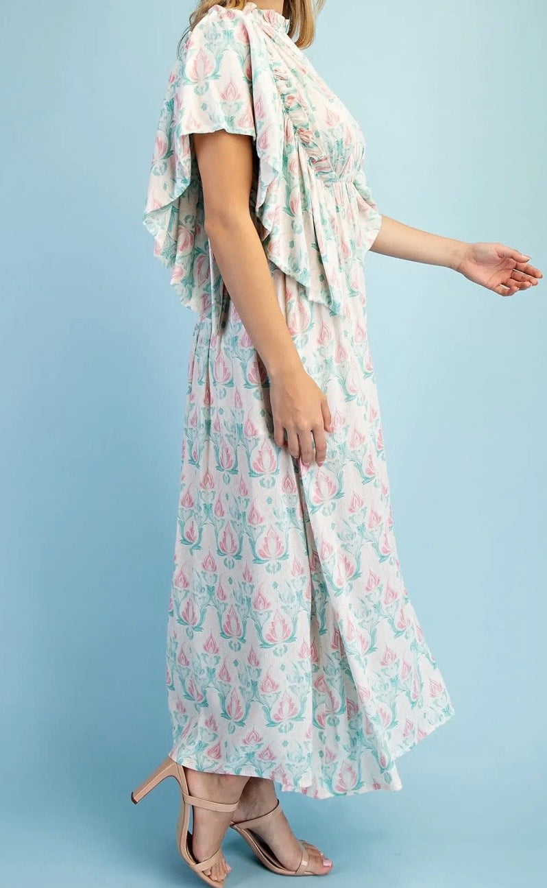 Printed Midi Flutter Sleeve Dress