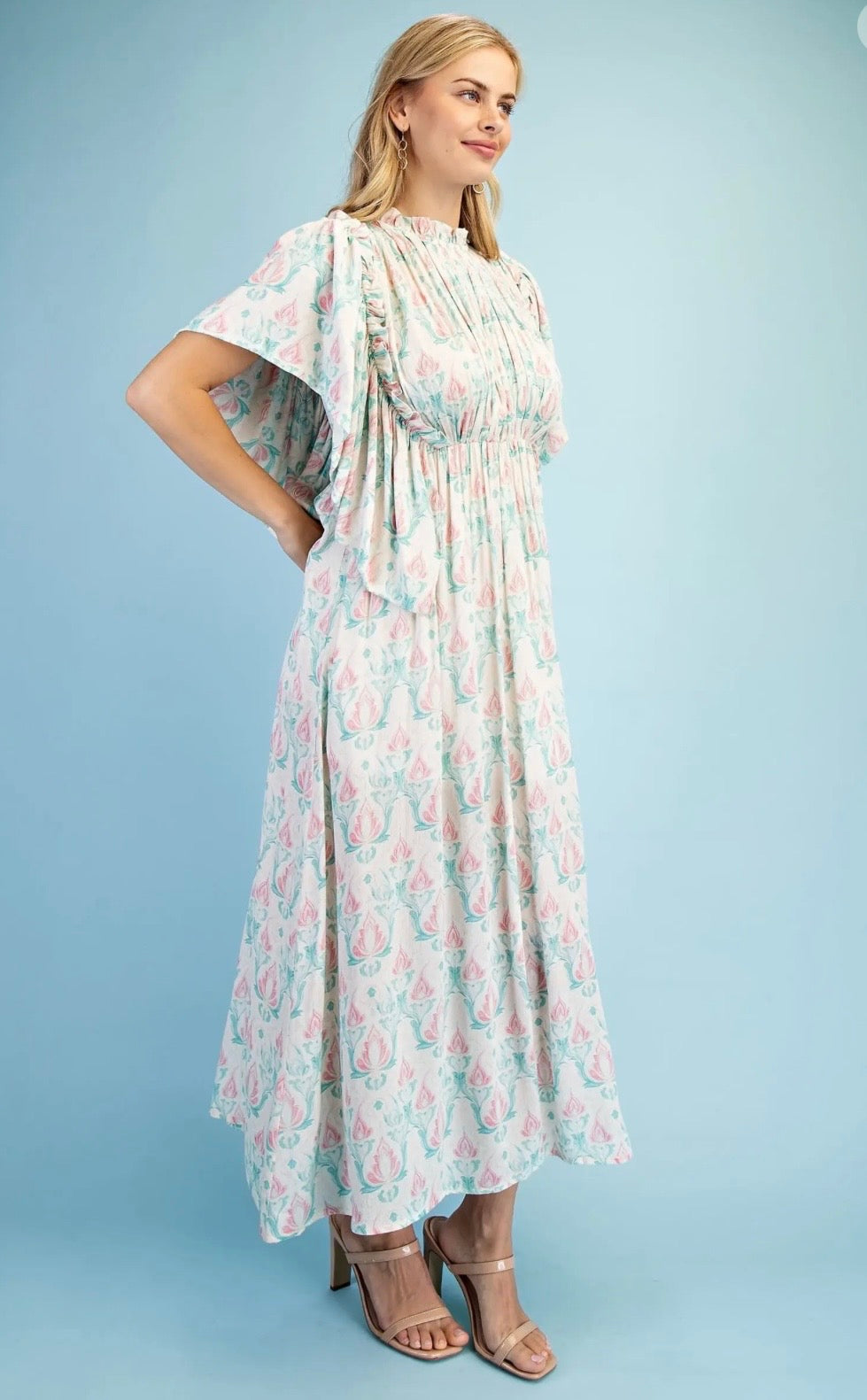 Printed Midi Flutter Sleeve Dress