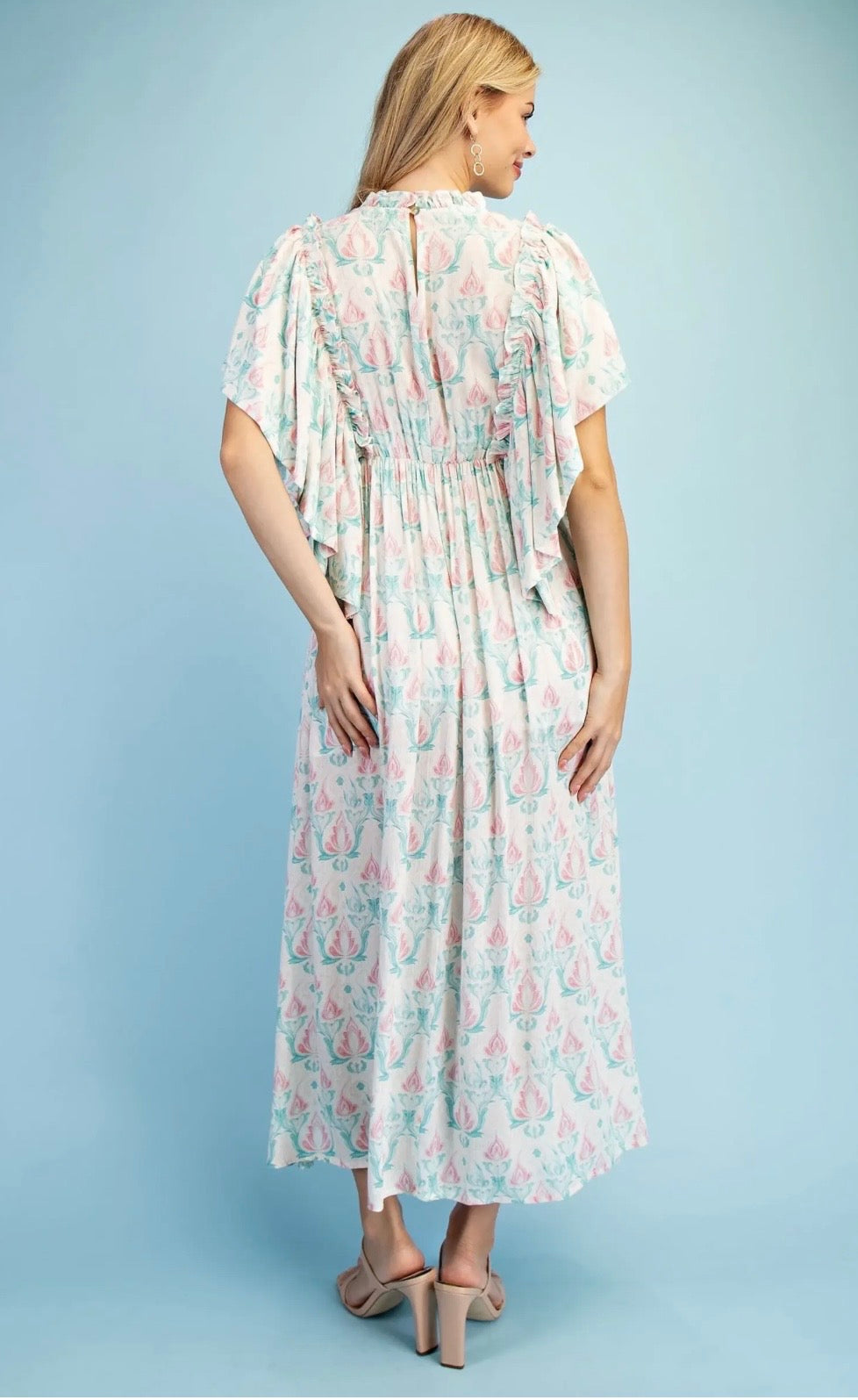 Printed Midi Flutter Sleeve Dress